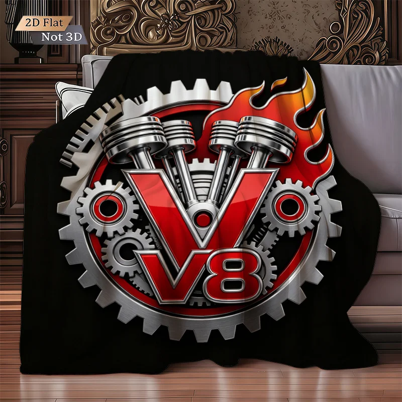 Большое флисовое одеяло с принтом V8-двигателя и огненного автомобильного дизайна, 150x200 см, уютный плед для дома, крутой подарок для любителей маслкаринга (art.: 3920db4458caa) - 3920db4458caa