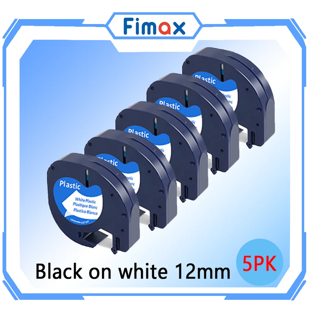 

5PK совместимые с Dymo LetraTag пластиковые LT ленты 91201 черные на белом (12 мм x 4 м) для DYMO LT-100H принтер для этикеток