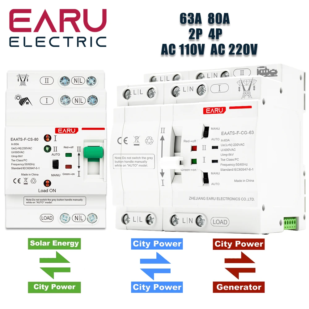 

Автоматический резервный переключатель EARUELECTRIC 2P 4P 63A 110/220В