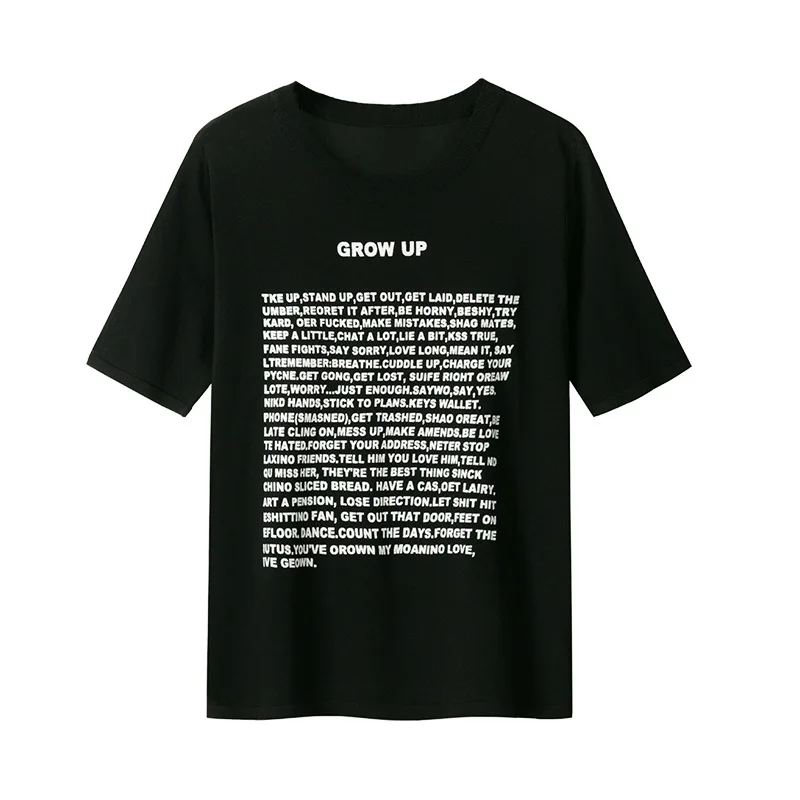 

D7050 -Fat mm2020 new hollowed loose letter printed T-shirt knitted short-sleeved female summer