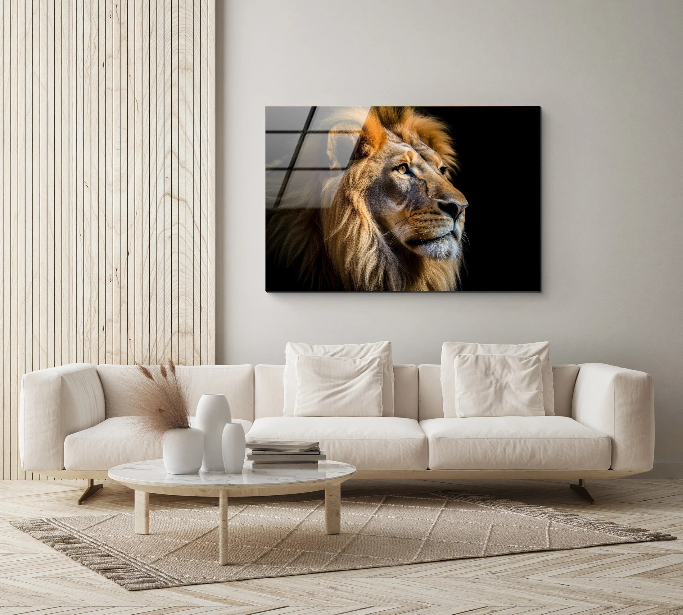 

90X60cm Modern Minimalist Frameless Tempered Glass Art Bedroom Living Room Sofa Backrest Wall African Lion Decoration Painting