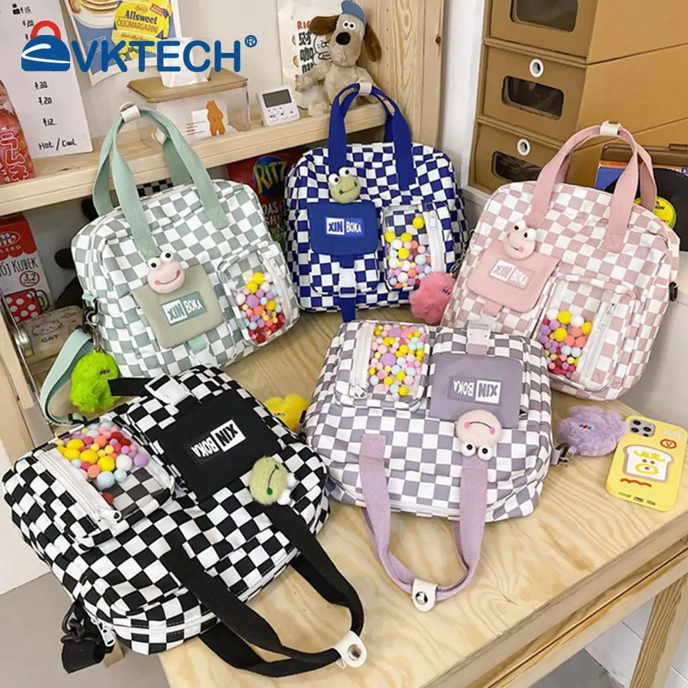 

Cute Japanese Plaid Shoulder Backpack Korean Large Capacity Student Girl Travel Schoolbag Messenger Top-Handle Bag with Pendant