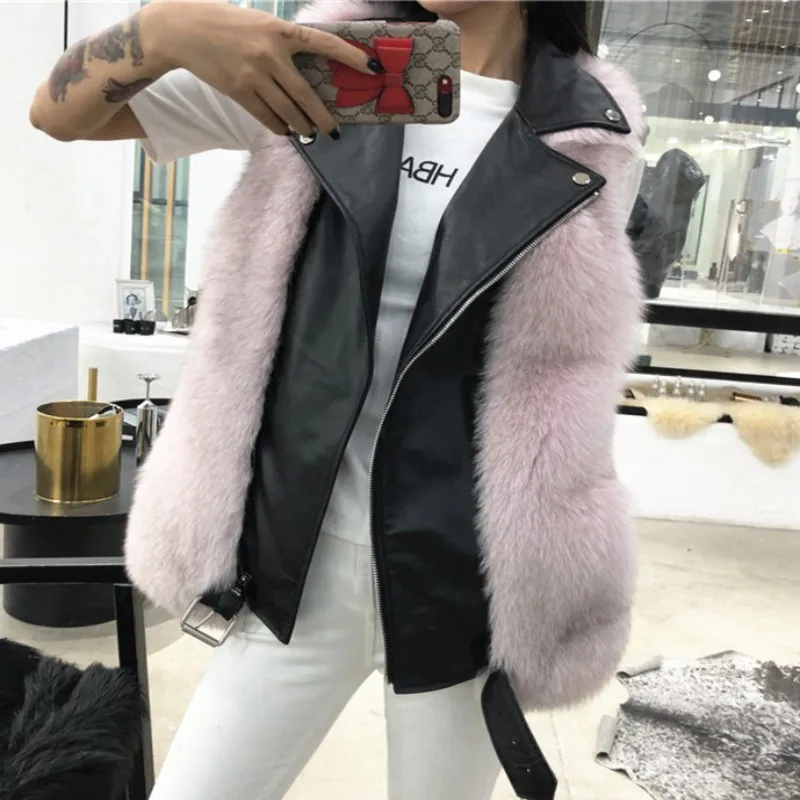 genuine leather vest sheepskin jacket whole skin real fox fur gilet women sleeveless black coats dames jassen winter