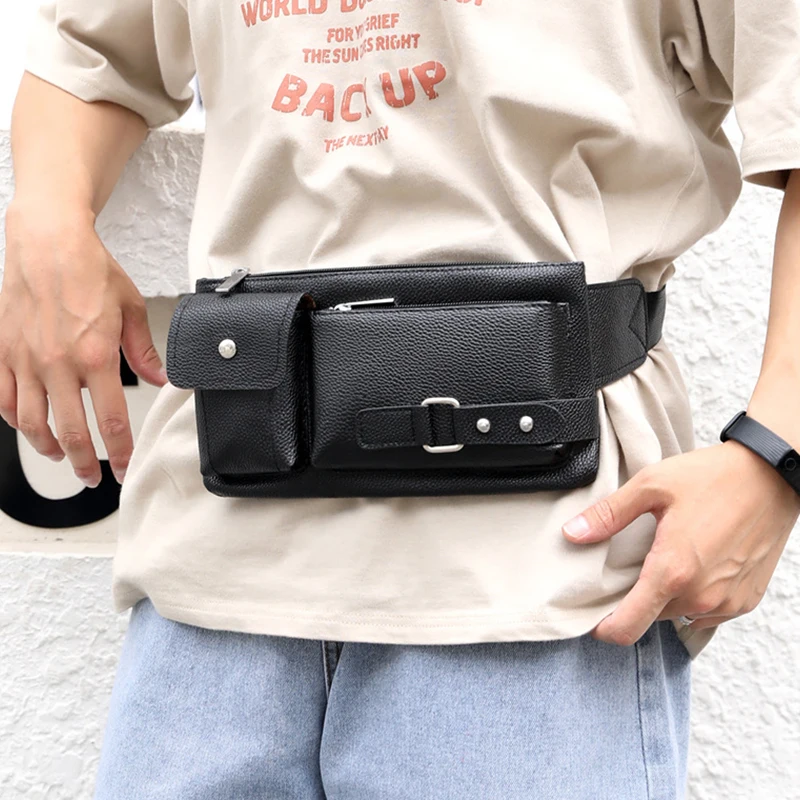 

Men's Waist Bag Pu Leather Simple Zipper Three-Dimensional Waterproof Leisure Outdoor Sports Business Travel Phone Chest Bag New
