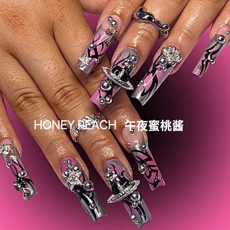 

Сделай Сам, ручная работа, Сатурн, змея, панк, стальной шар, дизайн, нажимной ноготь, Y2K, искусственный ноготь, Многоразовые Короткие гробные накладные ногти, наконечник