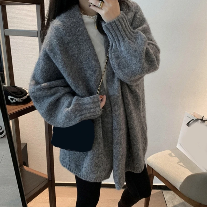 

H9ED Autumn Winter V-Neck Open Front Knitwear Cardigan for Women Oversized Loose Solid Color Thick Sweater Coat Outerwear