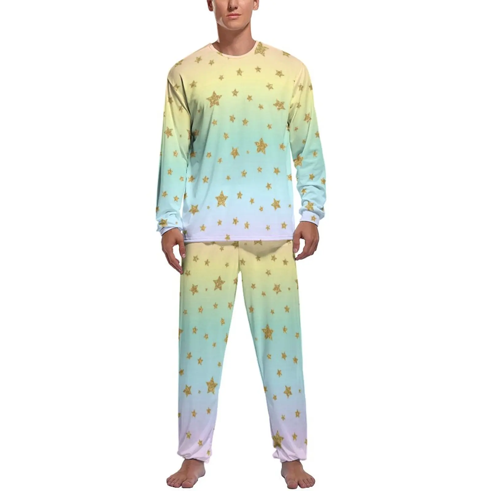 Golden Stars Pajamas Long Sleeve Ombre Print Two Piece Night Pajama Sets Winter Male Pattern Warm Nightwear