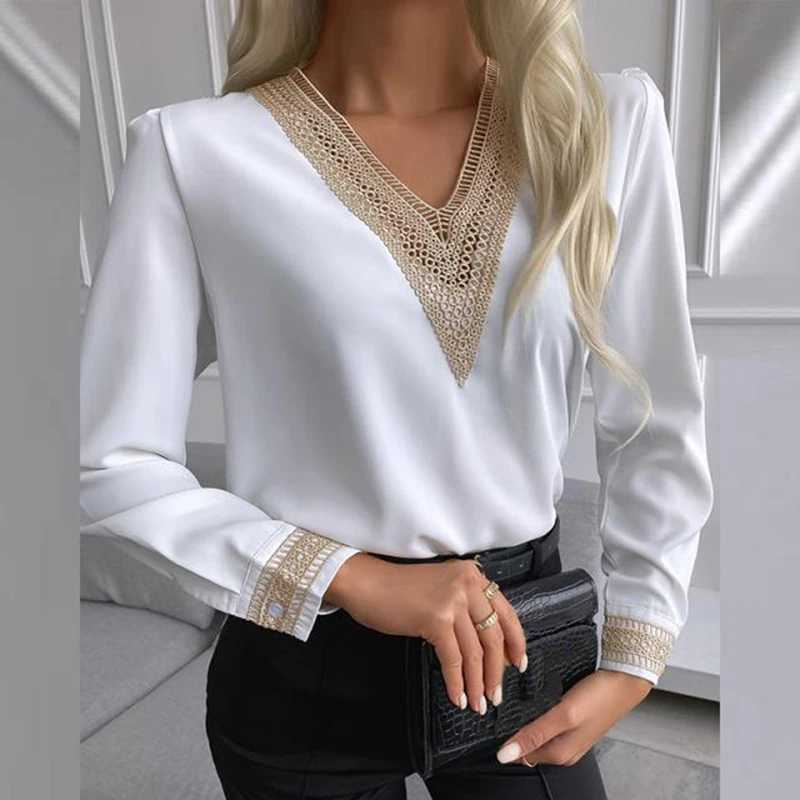 

Spring Women Pullover Shirt Fashion Hollow Out Lace Patchwork V-neck Long Sleeve White Business Blouse Office Lady Elegant Top
