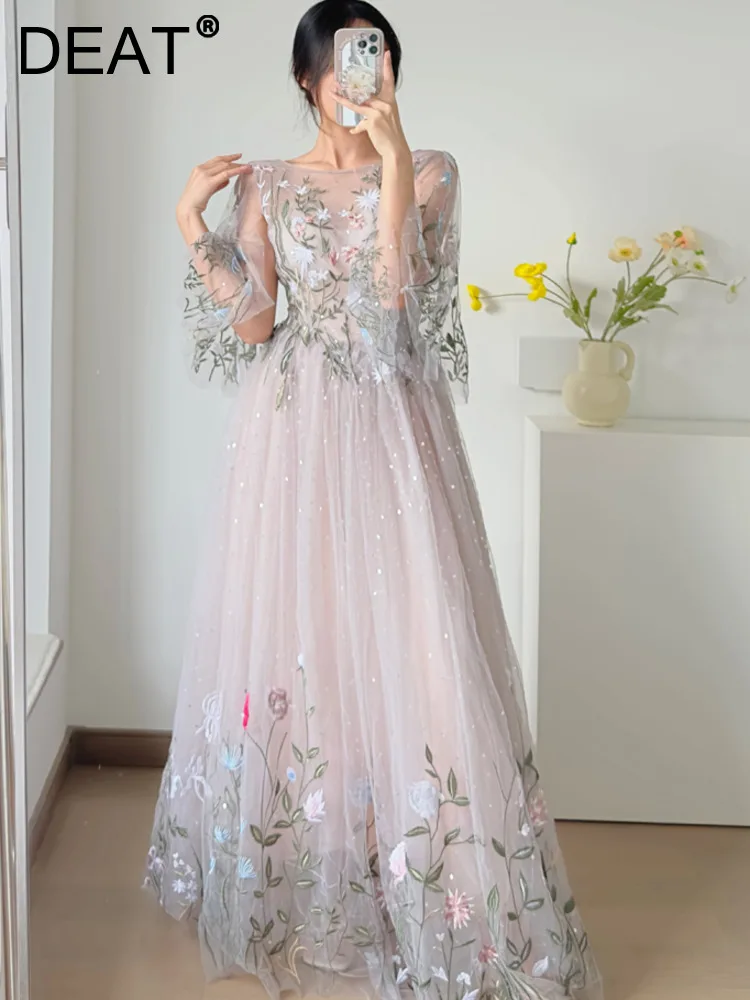 

DEAT Women's Fashion Evening Dress O-neck Short Sleeve Patchwork Embroidery Gauze Female Party Dresses Summer 2023 New 13DB2836