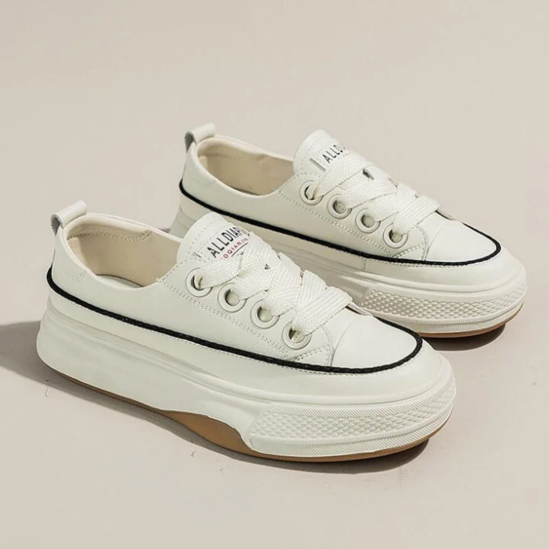 2023 Net Red Popular Split Leather Sneakers Women Spring Flat Platform Shoes Round Toe Breathing Student White Beige Flats 1009