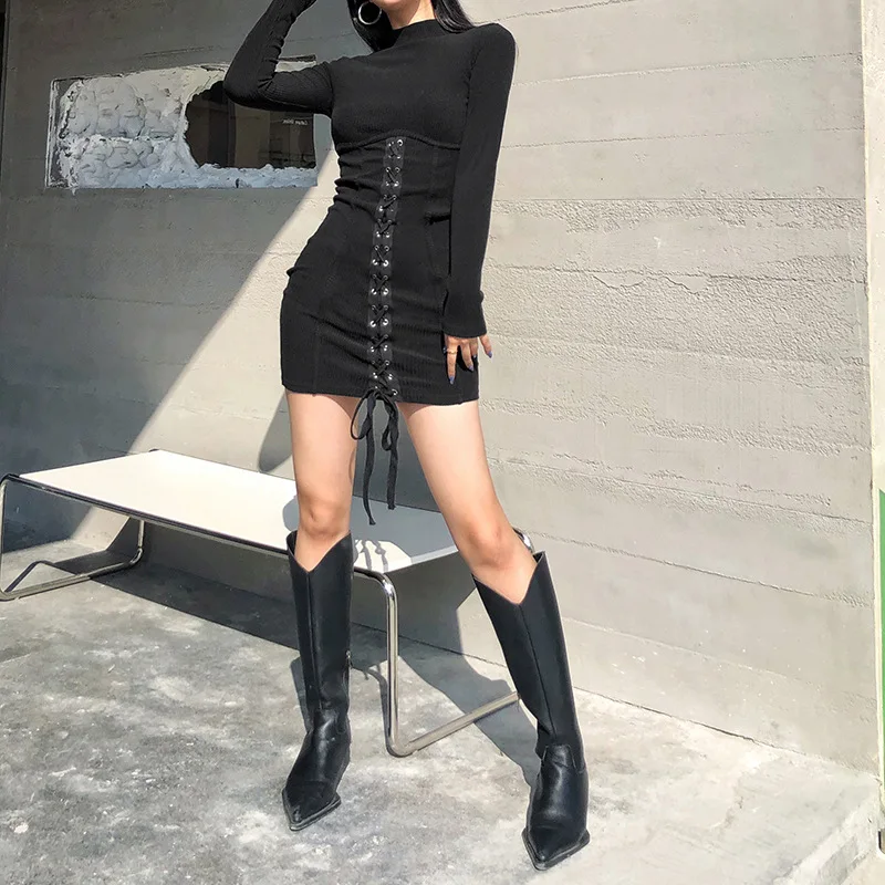 

Sexy Slim Fit Semi-High Neck Panels Cross-Lace-Up Dress OL Commuter Long Sleeves Show Skinny Bag Hip Skirt