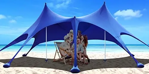 

Тент, туристический солнцезащитный укрытие UPF50 + с 8 мешками для песка, песочными лопатками, наземными колышками и устойчивыми полюсами, наружный навес для пляжа