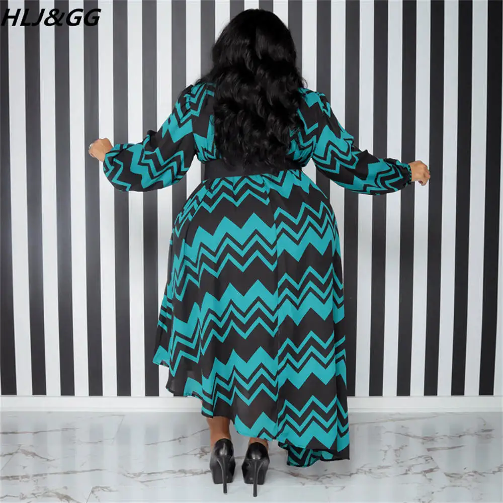 HLJ&GG Elegant Stripe Print Belt Dresses Women Long Sleeve Loose Irregularity Dress Vestidos Fall Female Plus Size Clothing 5XL