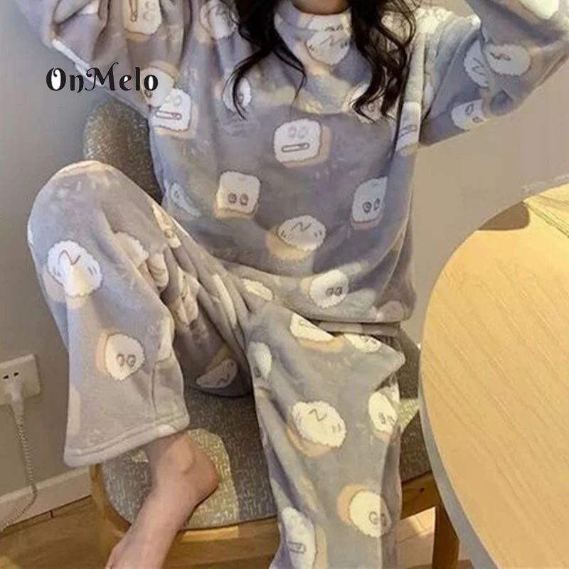 OnMelo Women Pajamas Cute Print Warm Flannel Pyjamas Sets Thin Coral Velvet Long Sleeve+Pants Fall Winter Casual Sleepwear