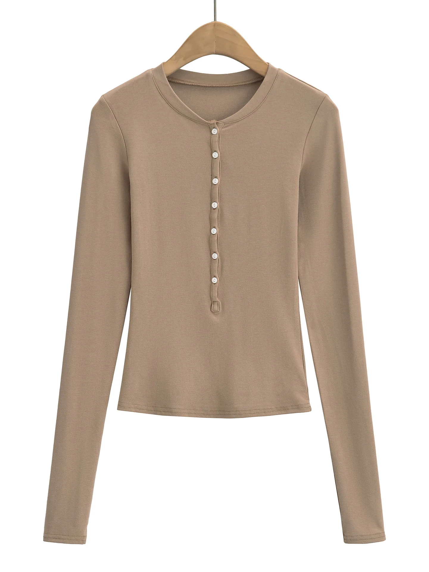 Женский однотонный топ на пуговицах с круглым вырезом и длинным рукавом