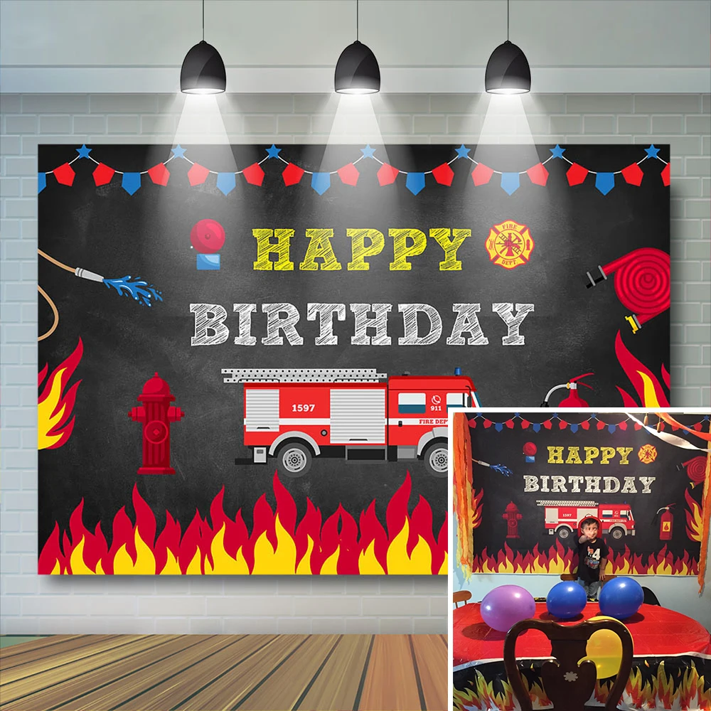 

Firetruck Theme Birthday Party Photo Backdrop Fireman Firefighter Background Baby Shower Prince Photo Banner for Studio Props