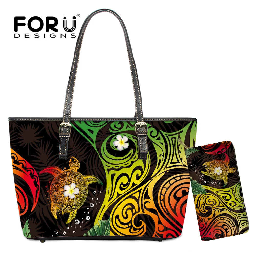 

FORUDESIGNS Stylish Polynesian Hawaii 3D Sea Turtle Printing Ladies PU Handbags Leather Shoulder Bag 2Pcs Tote Bags With Wallets