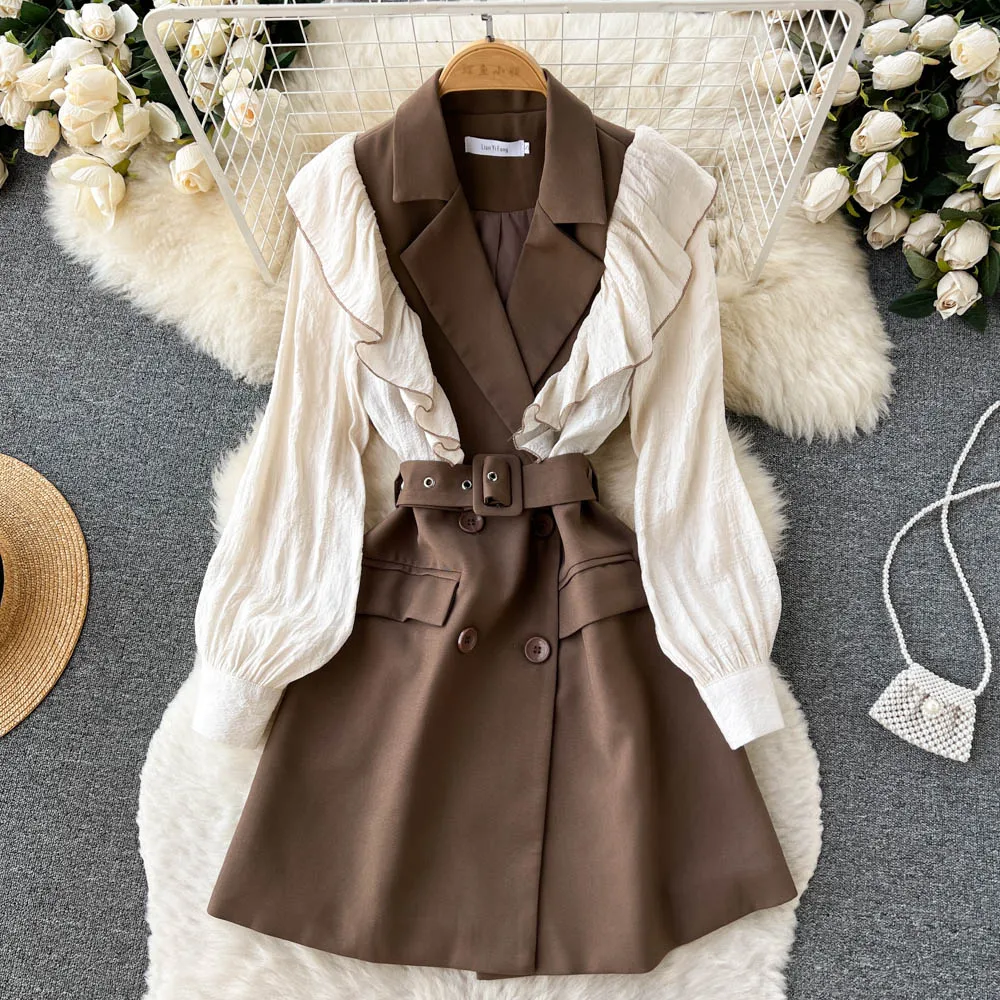 

Autumn and Winter New Korean Version of the Lotus Leaf Edge Waist Design Sense Thin Splicing Double-breasted Dress