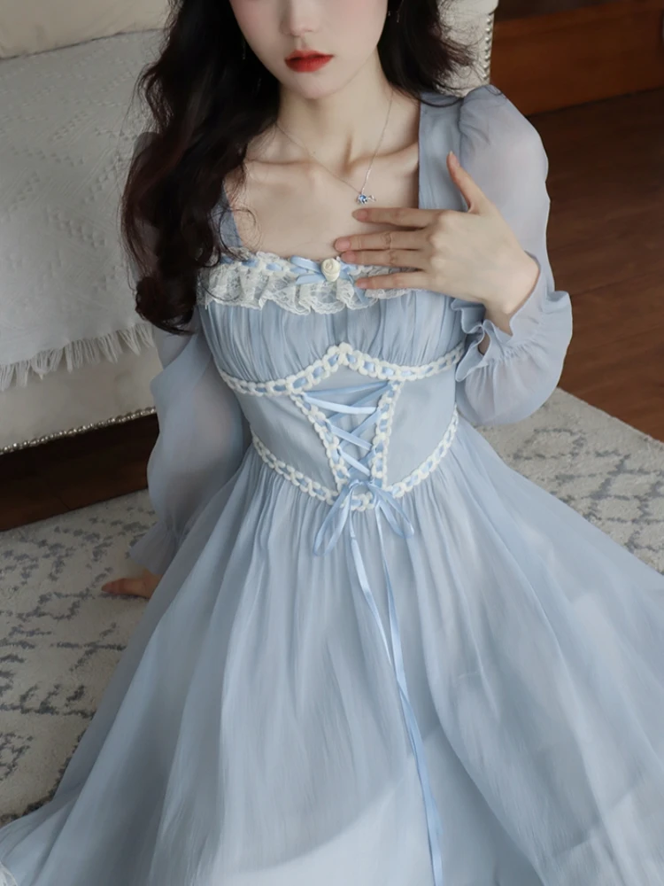 

Long Fairy Dress Sleeves Vintage 2023 Elegant Korean Mid Women Dress Blue Female Dress Lace Party Lace Casual Style Summer Bow