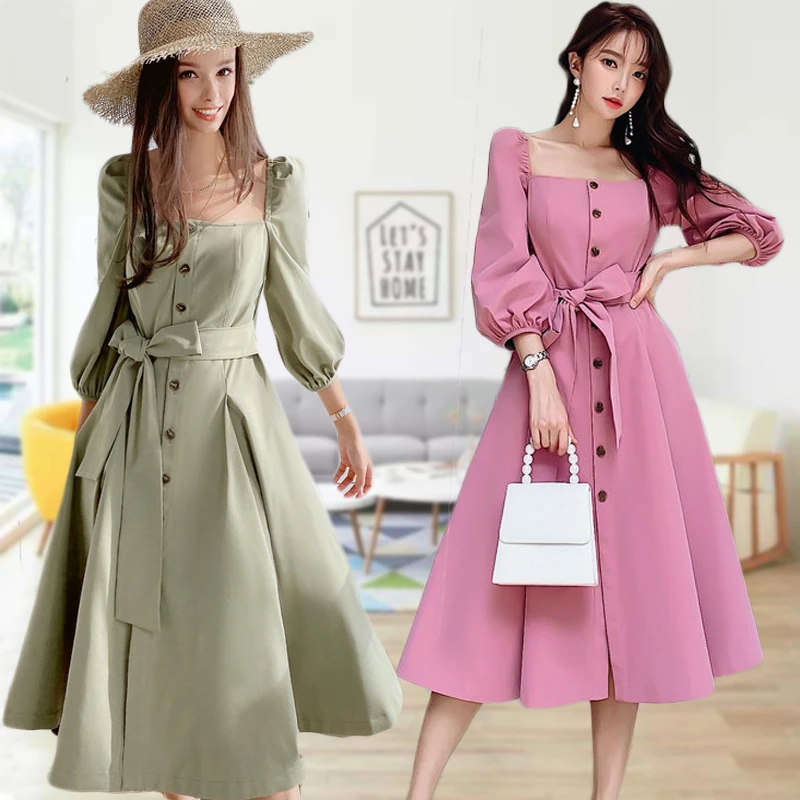 

2022 Women Square Collar Lantern Sleeve Belt Dress Summer Single-Breasted Elegant Chic Dresses A-Line club party Vestidos Female