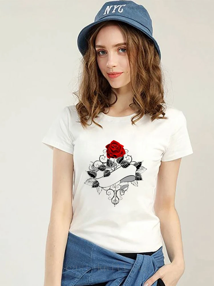 

Летняя футболка в стиле Харадзюку, Женская винтажная Эстетическая одежда с принтом роз, топы с коротким рукавом, Популярные стильные женски...