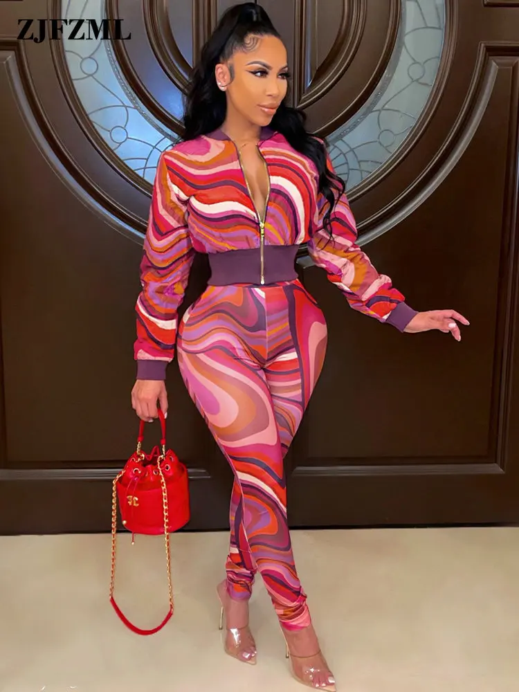 

Женский клубный костюм из двух предметов, короткий пиджак на молнии спереди с длинным рукавом и брюки-карандаш с узором живота