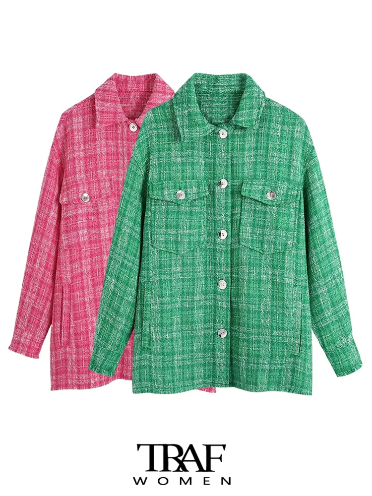 

TRAF Women Fashion Oversized Tweed Check Jacket Coat Vintage Long Sleeve Frayed Trims Female Outerwear Chic Overshirt