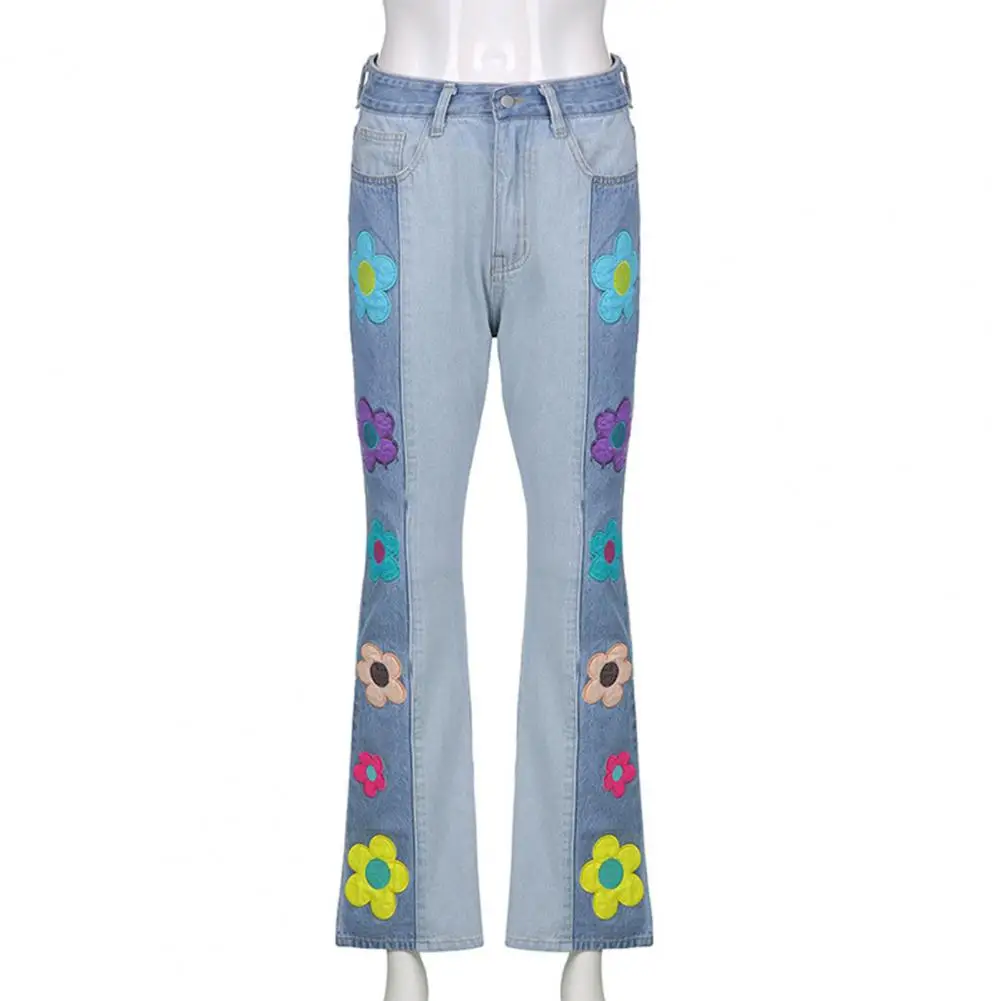

Flare Trousers Chic Wear-resistant Shrink Resistant Embroidery Flower Pattern Denim Flare Trousers Streetwear