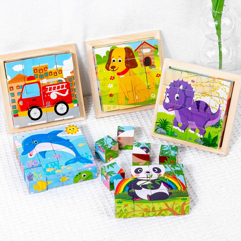 

Cartoon Animal 3d Puzzles Children Wood Cube Blocks Six Sided Jigsaw Education Toy Marine Farm Dinosaur Vehicle Series Baby Toy