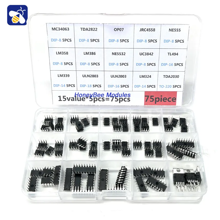 

15 kinds 75pcs LM358 LM386 ULN2003 LM324 NE555 direct insert IC chip box
