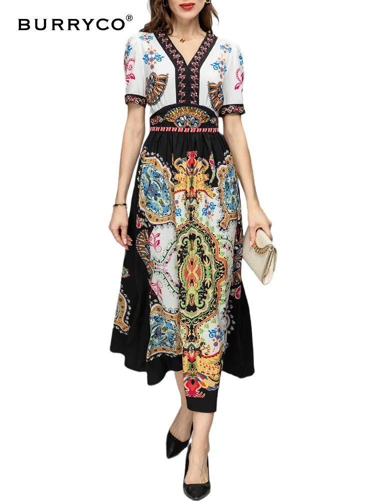 

BURRYCO Summer 2023 New Women's Wear American Retro European Station Printed Handmade Beaded V-Neck Waist Wrapped Slim Dress