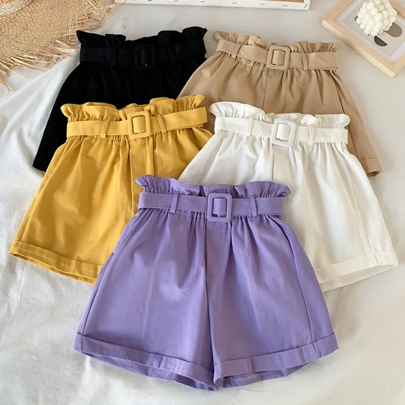 

New Summer Solid Color High Waist Shorts Korean Casual Loose Straight Leg Edible Tree Fungus Sashes Oversize Women Shorts