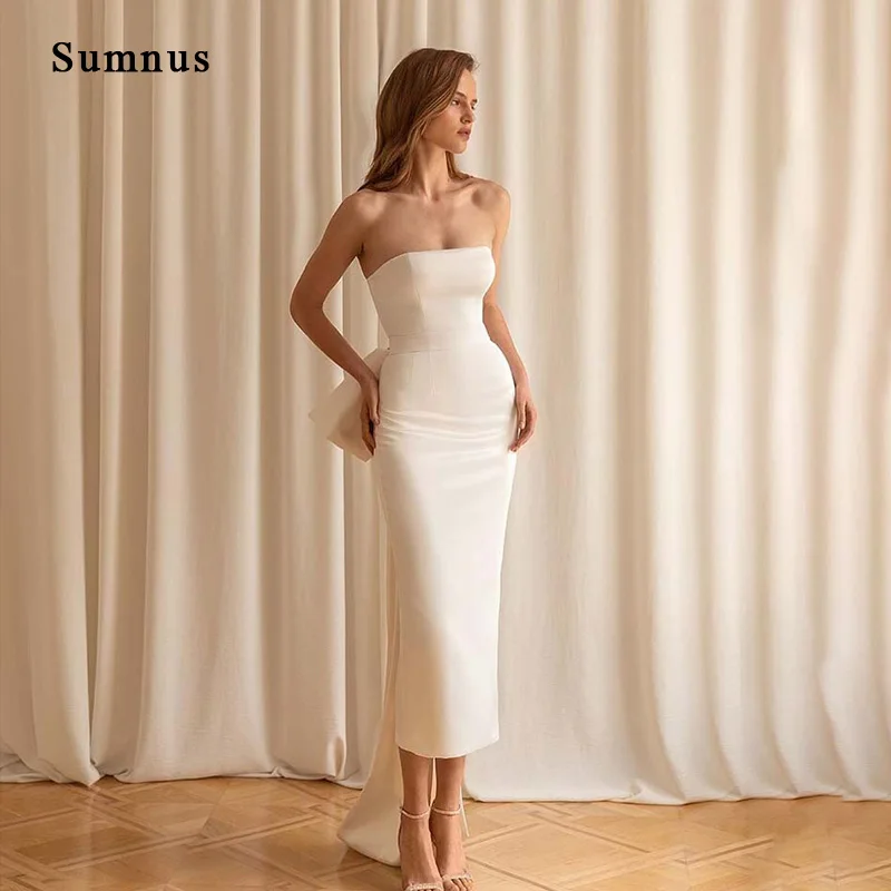 

Simple Bow Wedding Dress Solid Satin Strapeless Back Zipper Sleeveless Elegant Women Bride Gown Prom Party Vestidos de Novia