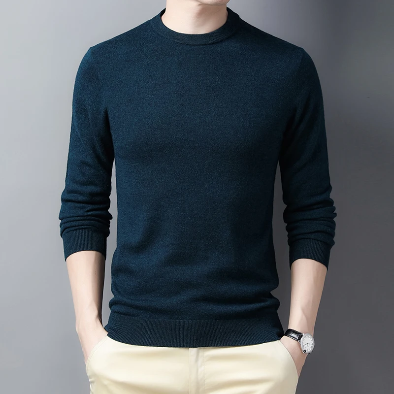 

Men's sweater solid color knitted pullover round neck 100% wool spring 2022 new high-end casual cashmere sweater