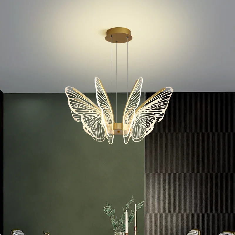 

Скандинавская простая современная светодиодная Подвесная лампа в виде бабочки для гостиной, креативная золотистая прозрачная акриловая люстра с крыльями для спальни, кухни