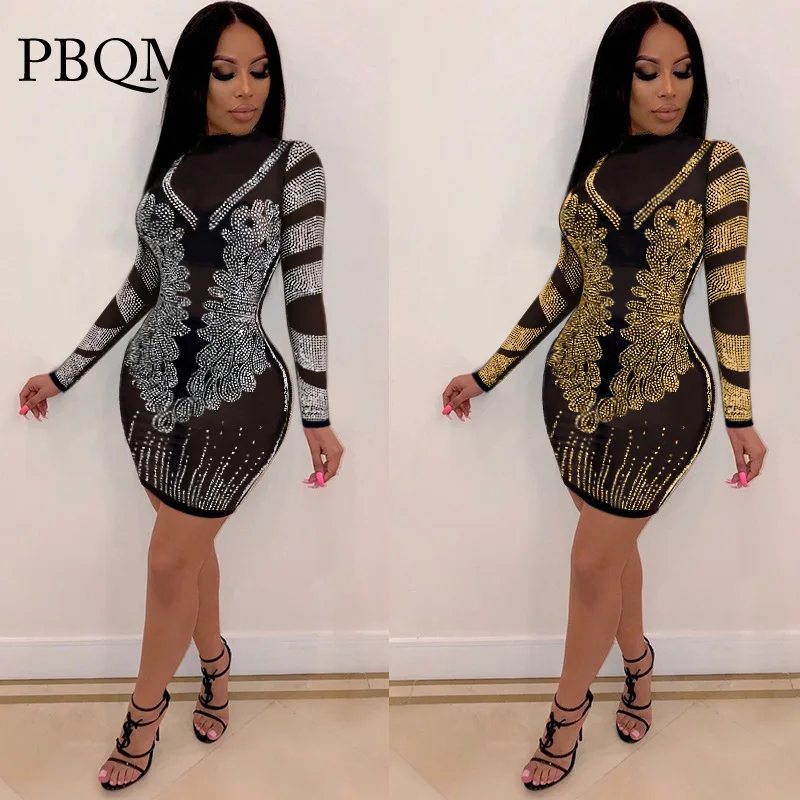 

PBQM K8936 sexy hot drill long sleeve perspective slim dress nightclub