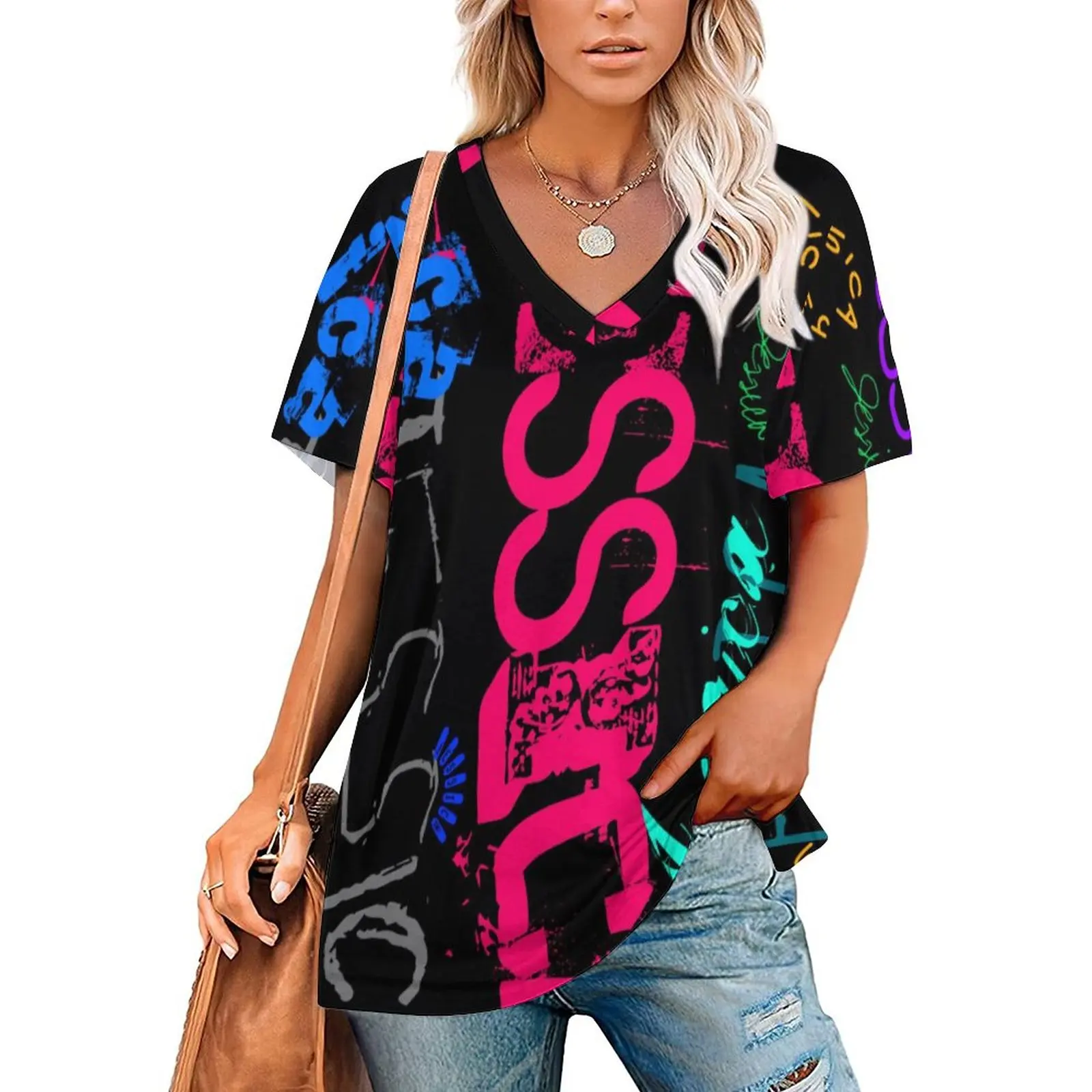 

Word Graffiti T Shirt Letters Print Harajuku Oversized T-Shirts Short Sleeve V Neck Classic Tees Female Summer Graphic Tops