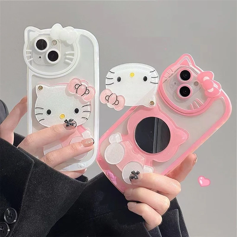 

Cartoon Sanrio Hello Kitty Transparent Case For iPhone 14 13 11 12 Pro Max XS XR 7 8 Plus With Cosmetic Mirror Cartoon Cover Y2K