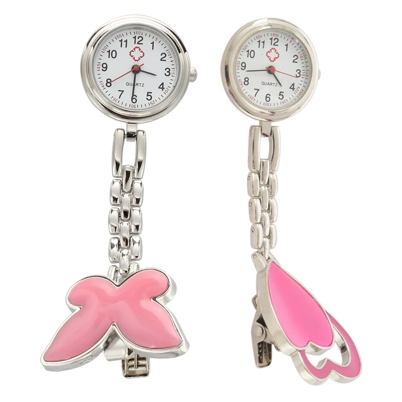 

Pink Bowknot Quartz Movement Clip Nurse Brooch Fob Tunic Pendant Watch & Clip Double Heart (Rose Red), Pocket Watch