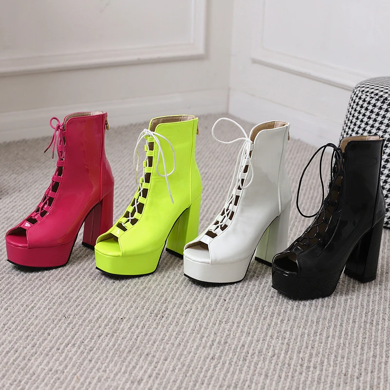 Summer 2023 Sexy Sandals Platform Women Party Super High Heels Patent Leather Peep Toe Shoes Plus Size 48 49 50 Ankle Boots