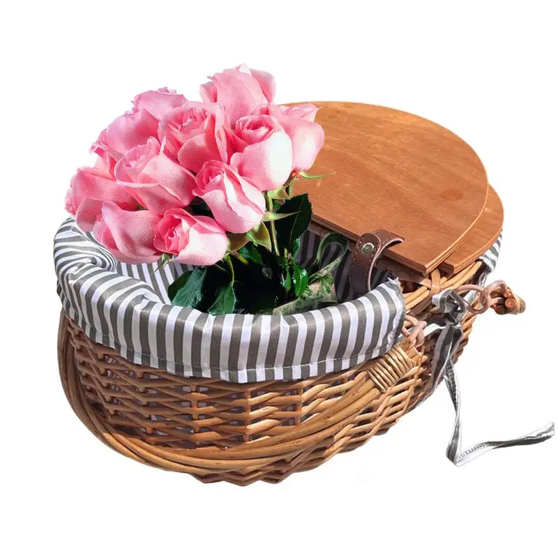 

Wicker Picnic Basket With Liner Wooden Split Lid Picnic Basket Vintage-Style Wicker Picnic Hamper With Folding Woven Handle For