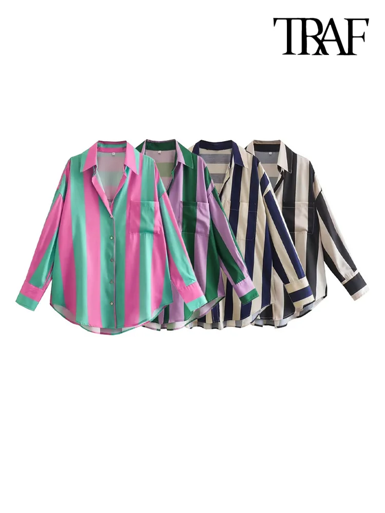 

Блузка женская оверсайз в полоску, с длинным рукавом и пуговицами спереди