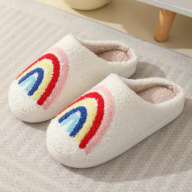 

Winter Checkerboard Love Pattern Women House Couples Slippers Fluffy Slides Cartoon Embroidery Warm Indoor Ladies Cotton Shoes