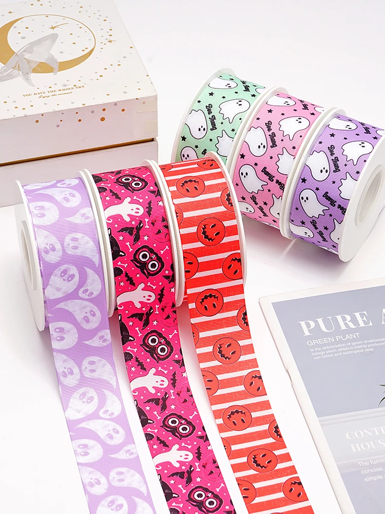 Ленты с изображением Хэллоуина Grosgrain/атласная лента принтом для украшения