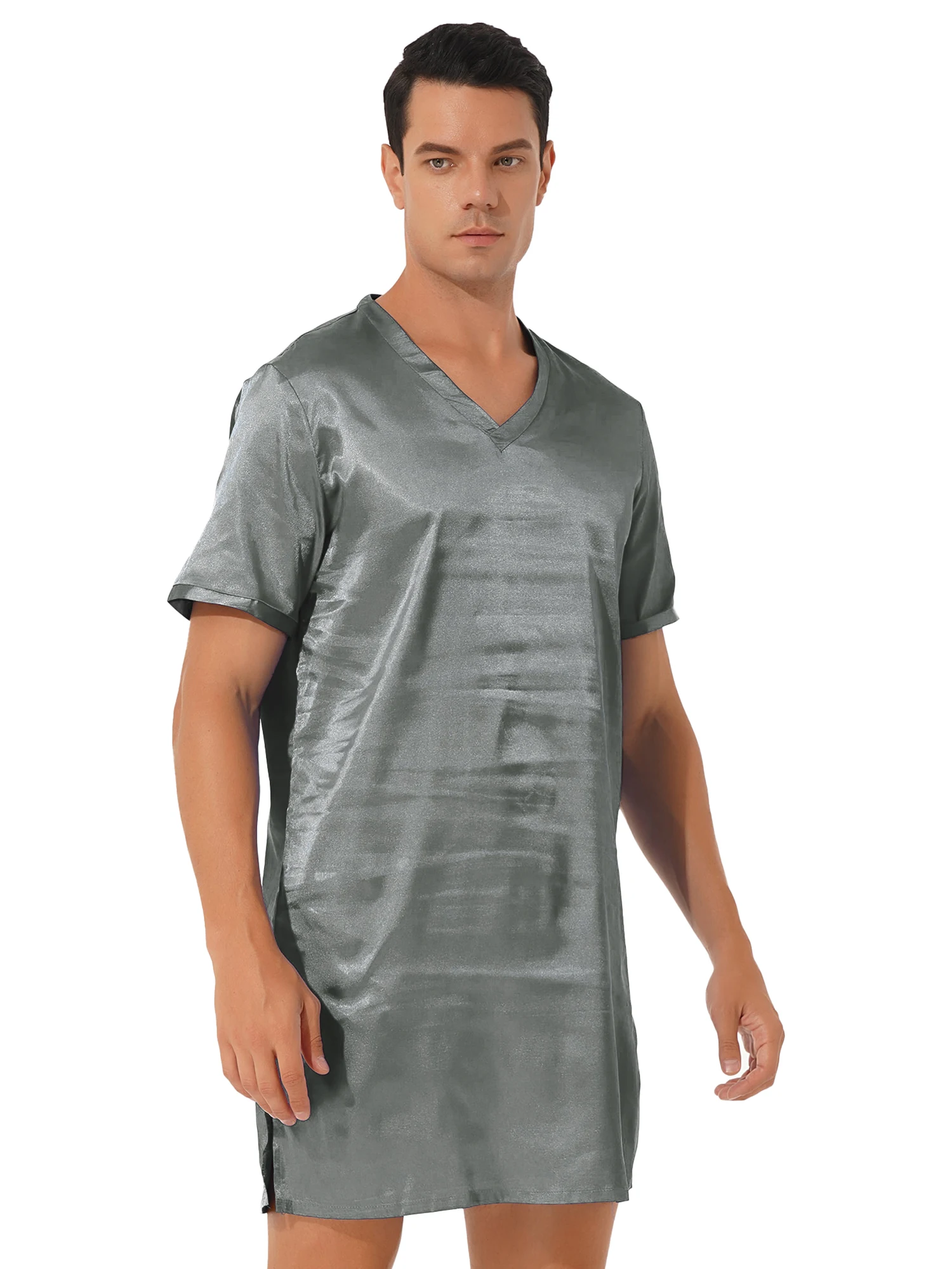 Мужские и женские атласные пижамы Ночная рубашка с V-образным вырезом банный