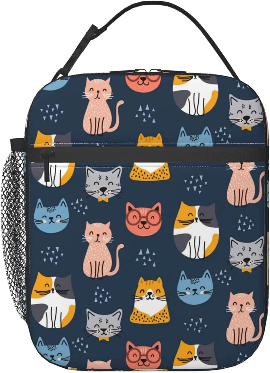 

Cat Lunch Bag Insulated Blue Cute Lunch Box Cooler Tote For Office Work