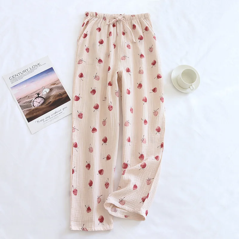 Fdfklak Cotton Gauze Pajamas Pants Printing Sleep Bottoms Spring Summer Lounge Wear Sleepwear Loose Comfortable Trousers