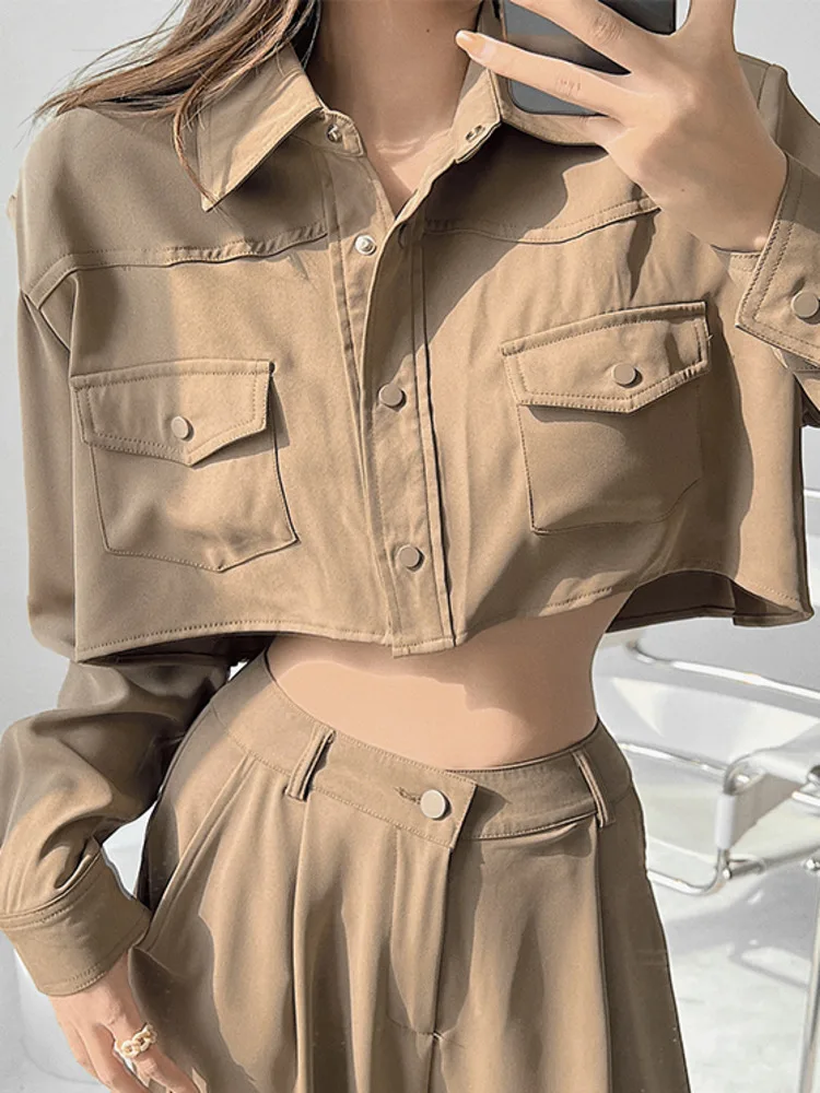 

WOMEGAGA Spring Autumn High Street Single Breasted Long Sleeve Jacket Solid Color Double Pocket Design Short Women's 2DJ5