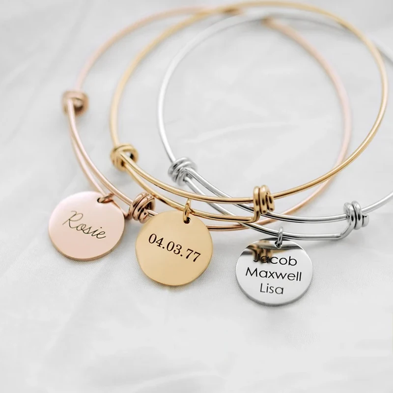 

Stainless Steel Personalized Adjust Size Engrave Coins Pendant Bangle Jewelry for Women Gold Silver Color Custom Bracelet Gift