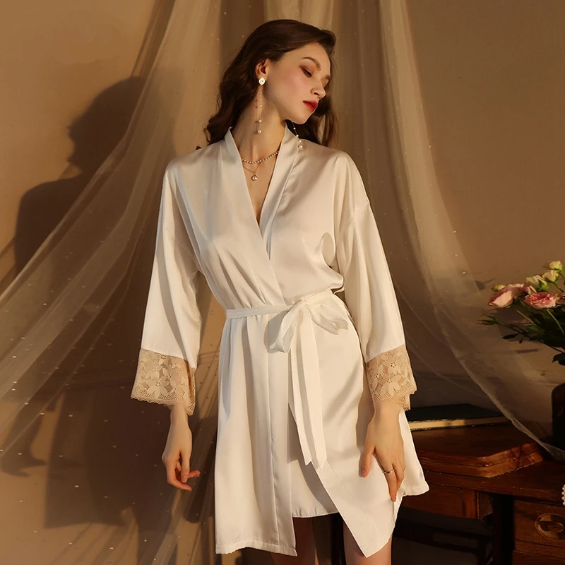 

Пижама из искусственного шелка, халаты подружки невесты, Сексуальный Атласный халат, кружевная Пижама, белые свадебные платья для невесты, домашняя одежда, ночная рубашка, белье